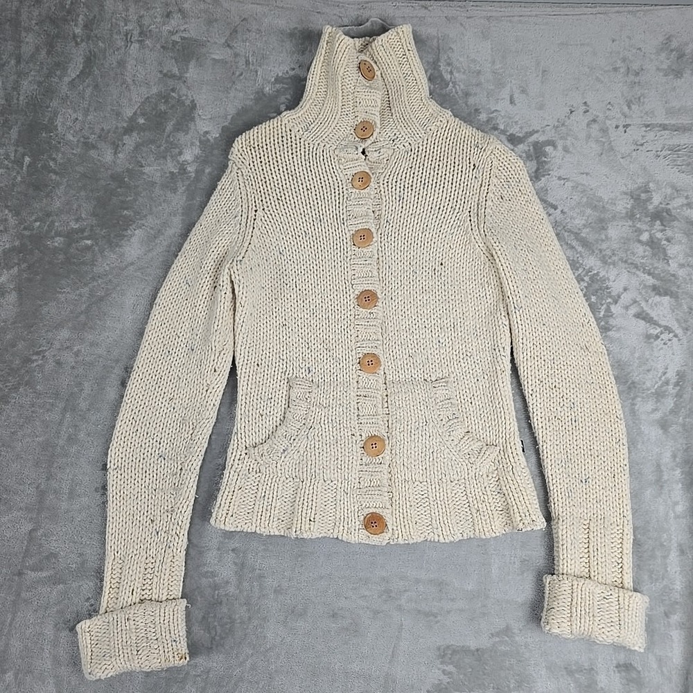 Abercrombie Fitch‎ Lambswool  Chunky Knit Cardigan Sweater L Cream Speckled Y2K